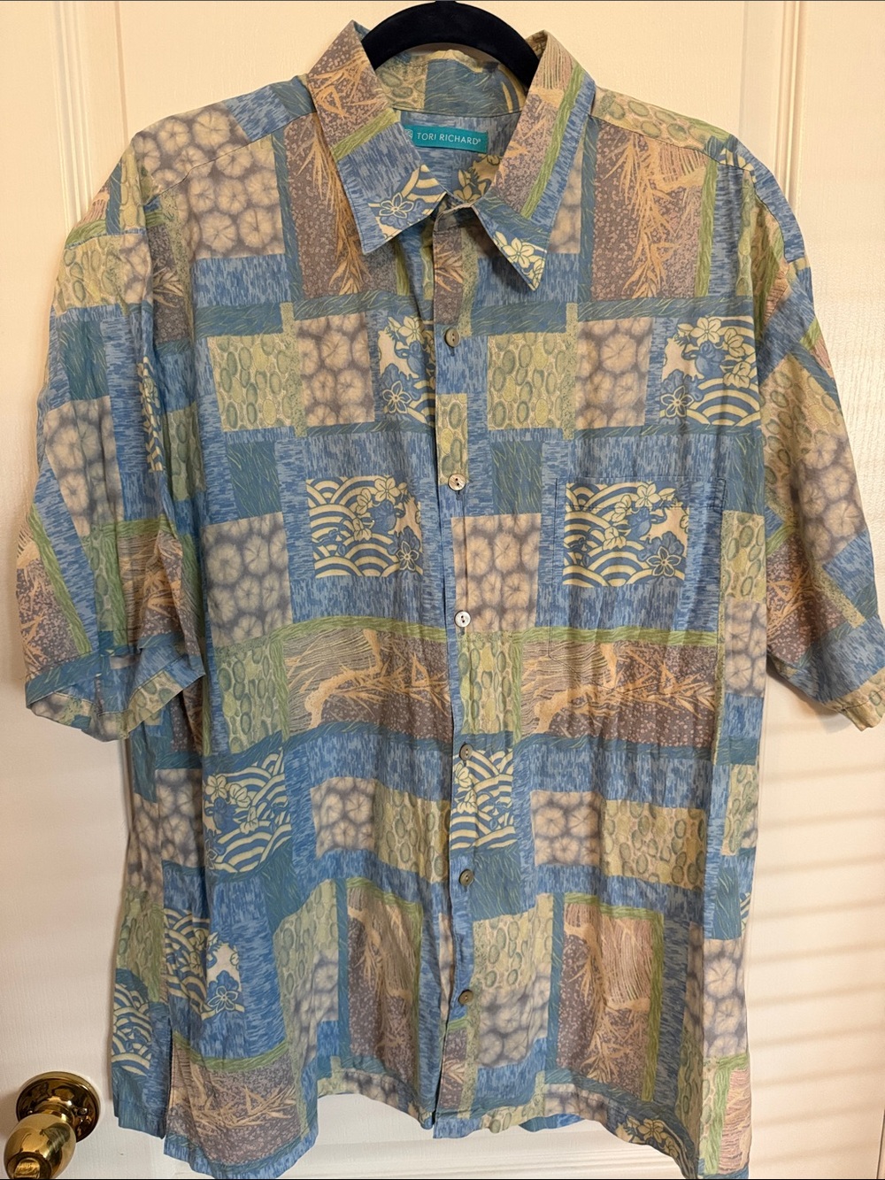 Tori Richard Patchwork Print Short-Sleeve Button-Down — Blue, Green, Tan